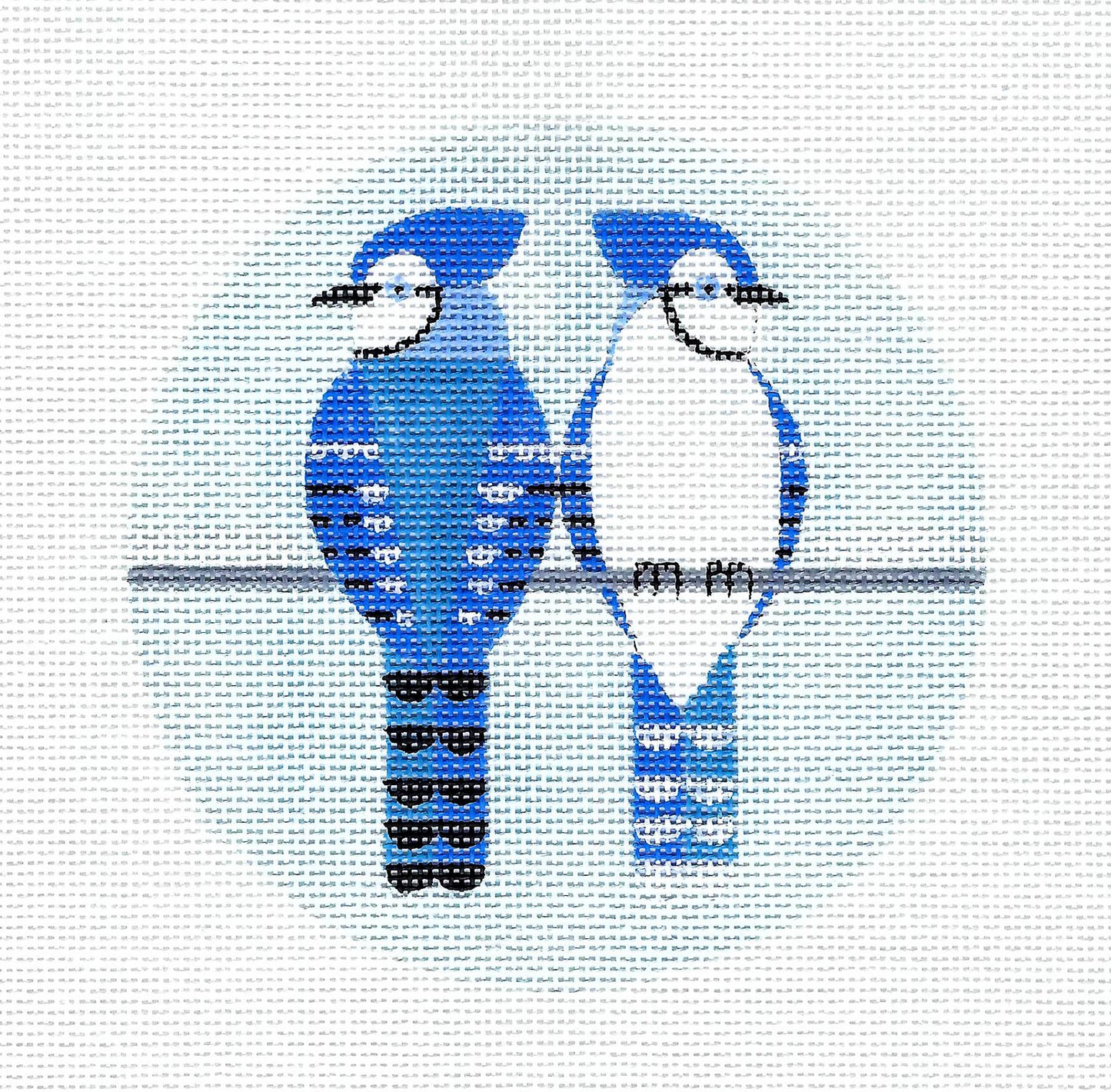 BIRDS ~ BLUE JAY BIRDS PAIR handpainted 4.5" Rd. 18 Mesh Needlepoint Canvas by Suzie Vallerie