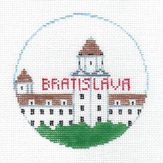 Travel Round ~ Bratislava, Slovakia  4" Round handpainted 18 Mesh Needlepoint Canvas by Kathy Schenkel