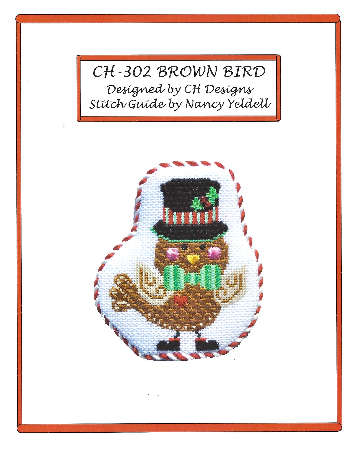Bird Canvas ~ Brown Bird in a Bow Tie & Hat & STITCH GUIDE 18Mesh handpainted Needlepoint Ornament Canvas by CH Designs