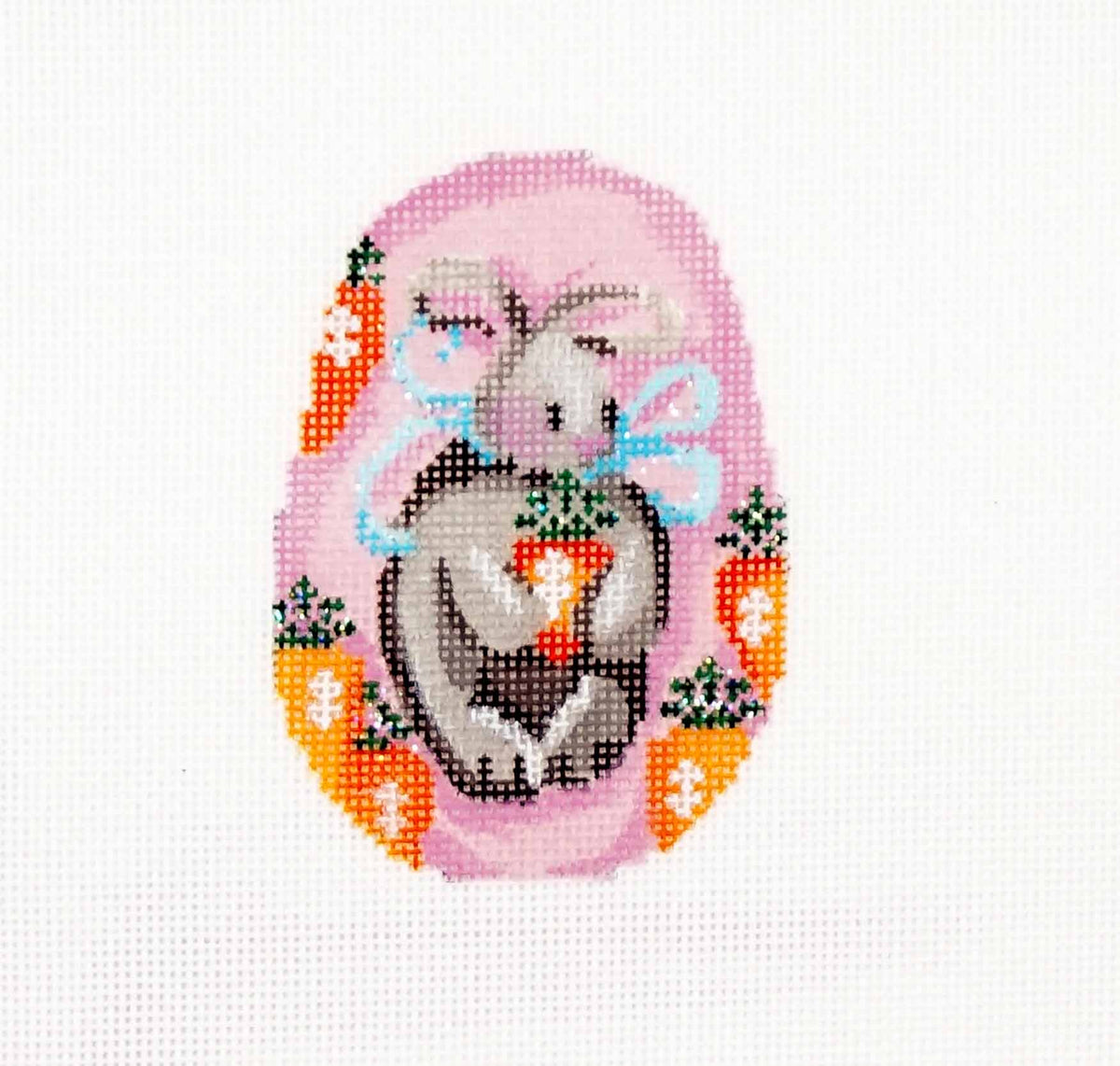 EGG ~ Bunny with His Carrots & Blue Ribbons EGG handpainted Needlepoint Ornament Canvas by Assoc. Talents