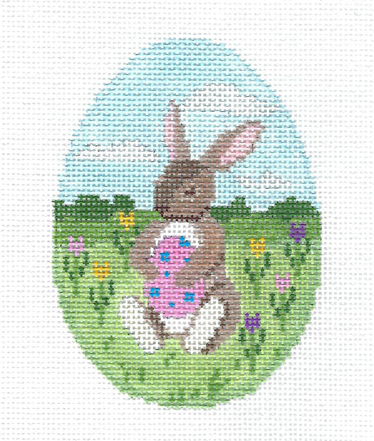 EGG ~ Bunny with Pink & Blue Egg in the Tulips handpainted Needlepoint Ornament by Susan Roberts