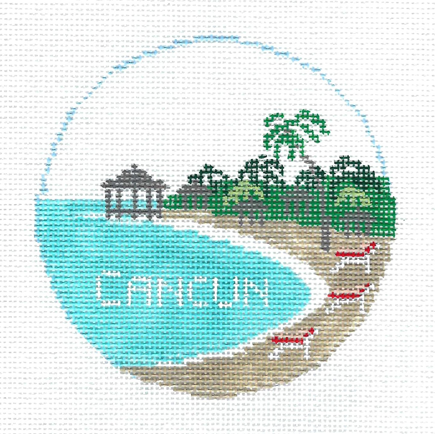 Travel Round ~ CANCUN, MEXICO handpainted 4" Rd. 18 mesh Needlepoint Canvas by Kathy Schenkel