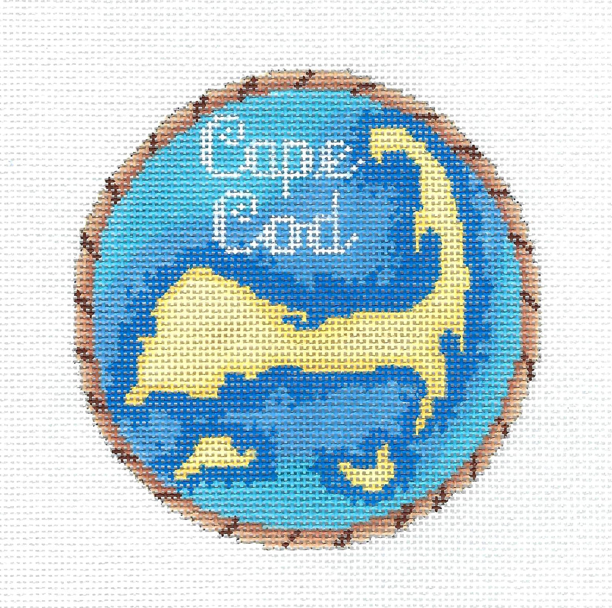 Nantucket Canvas ~  Cape Cod Map of the New England Coast on 18 mesh 4.25" Round Hand Painted Needlepoint canvas by MBM Designs