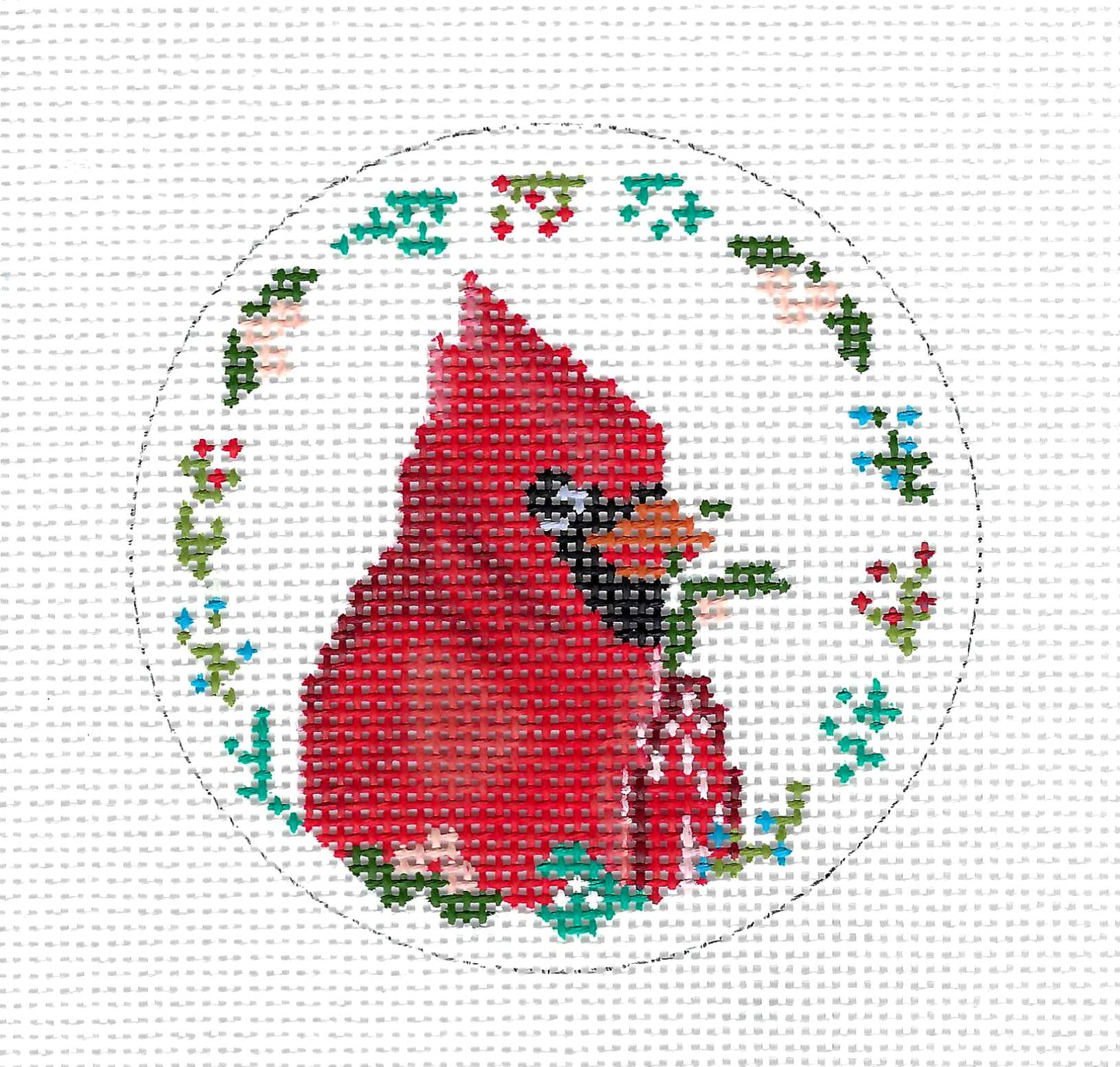 Christmas ~ A Cardinal Feeding Inside a Wreath  handpainted 18 Mesh Needlepoint Canvas Ornament by Alice Peterson