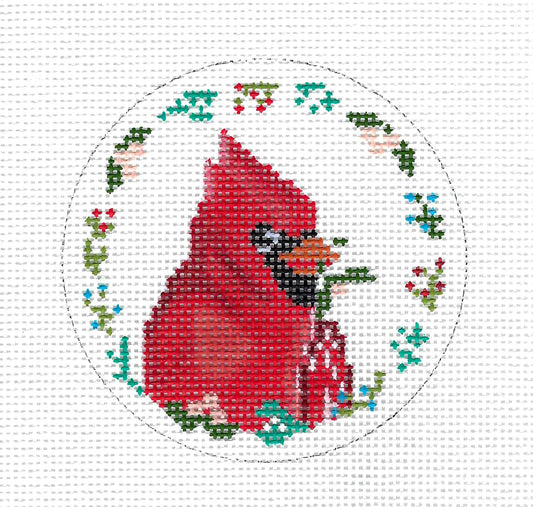 Christmas ~ A Cardinal Feeding Inside a Wreath  handpainted 18 Mesh Needlepoint Canvas Ornament by Alice Peterson