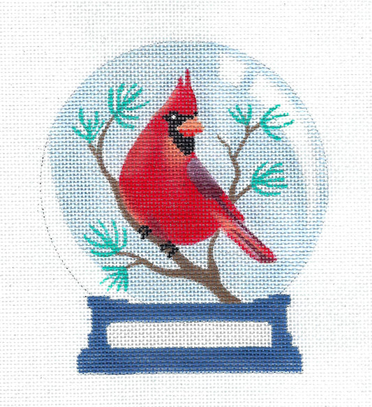 Snow Globe ~ Cardinal Bird  SNOW GLOBE handpainted 18 Mesh Needlepoint Canvas Ornament by Amanda Lawford