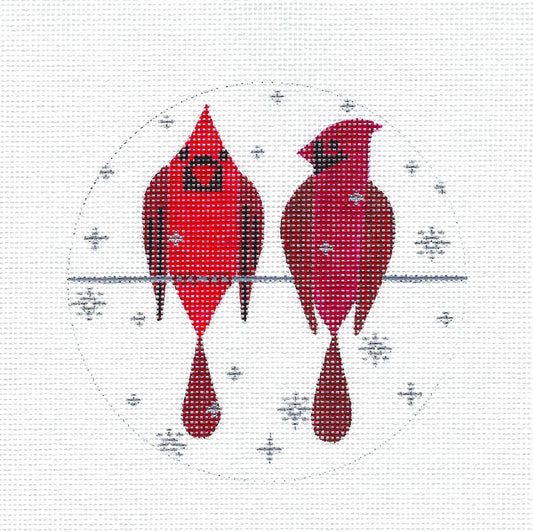 BIRDS ~ CARDINAL BIRDS PAIR handpainted 4.5" Needlepoint Ornament Canvas by Suzie Vallerie