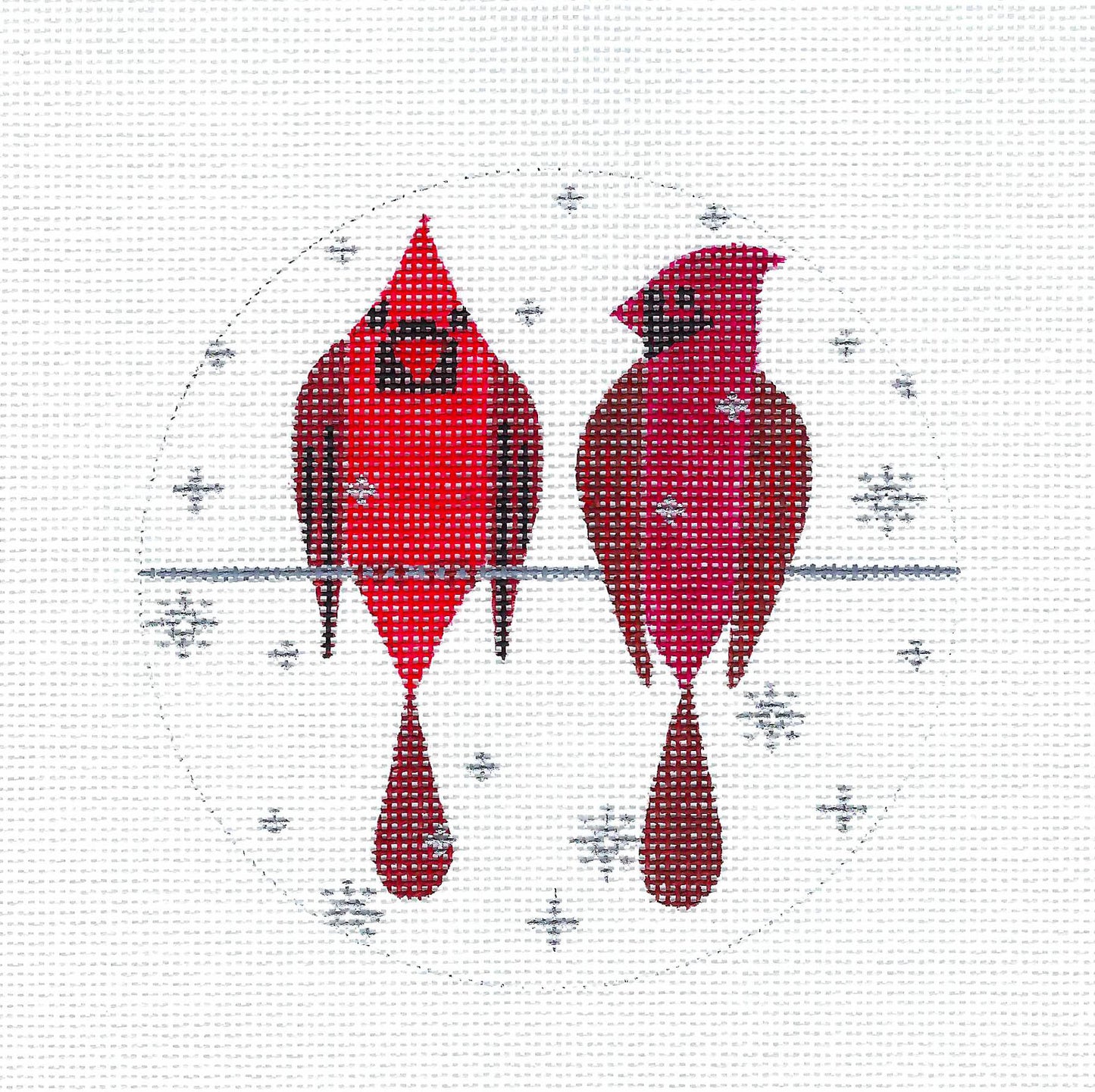 BIRDS ~ CARDINAL BIRDS PAIR handpainted 4.5" Needlepoint Ornament Canvas by Suzie Vallerie