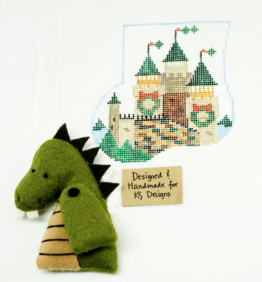 Canvas Set ~ Dragon and Castle SET Mini Stocking and Felt Stuffed Dragon 18 mesh handpainted Needlepoint Canvas by Kathy Schenkel