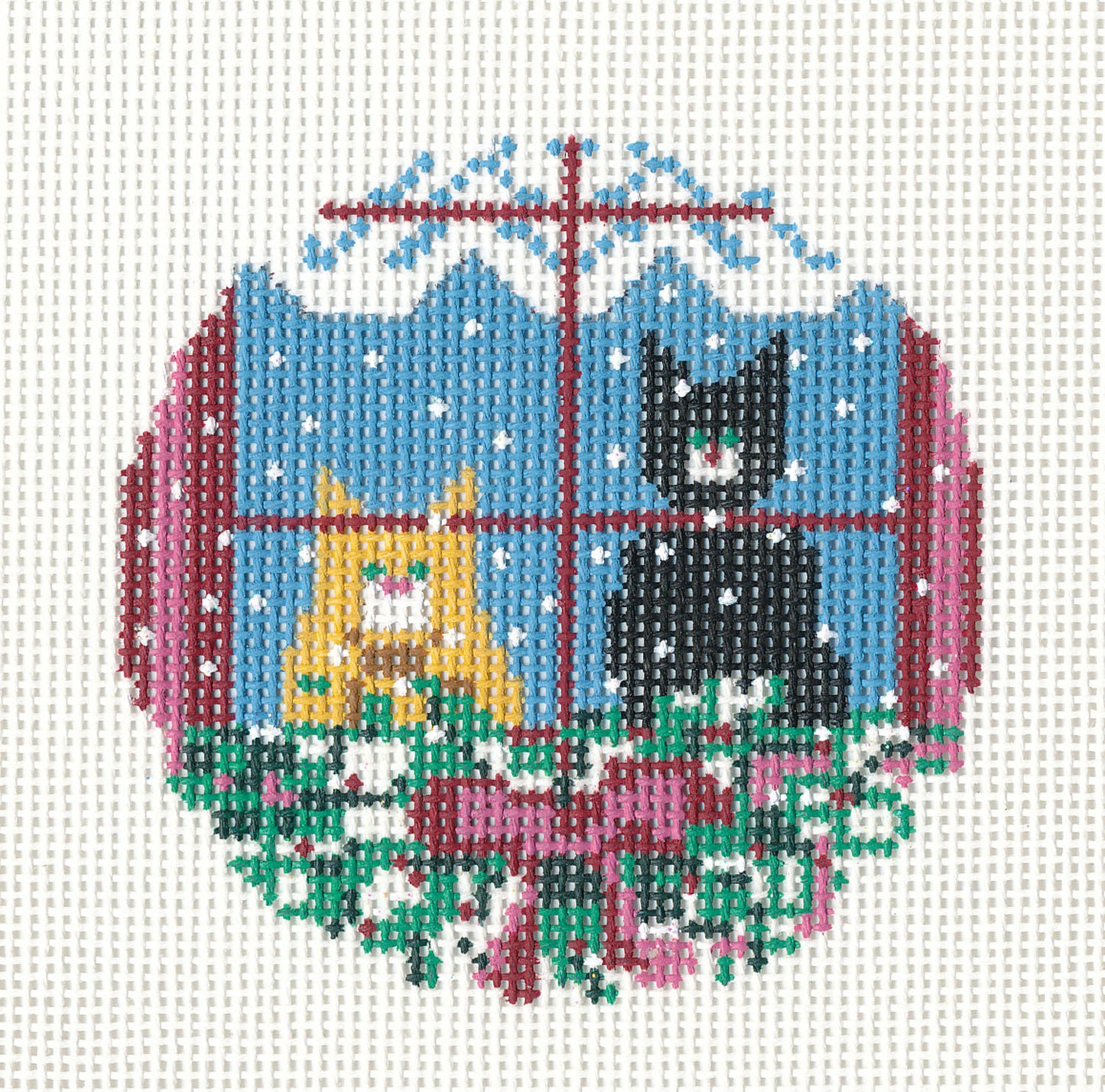 Cat Round ~ Two Cats in the Window Ornament 13 mesh handpainted 3" Needlepoint Canvas by Needle Crossings