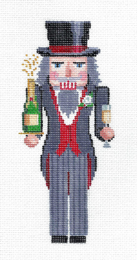 Nutcracker ~ Champagne Nutcracker with Champagne Bottle & Glass handpainted 18 Mesh Needlepoint Ornament Canvas by Susan Roberts