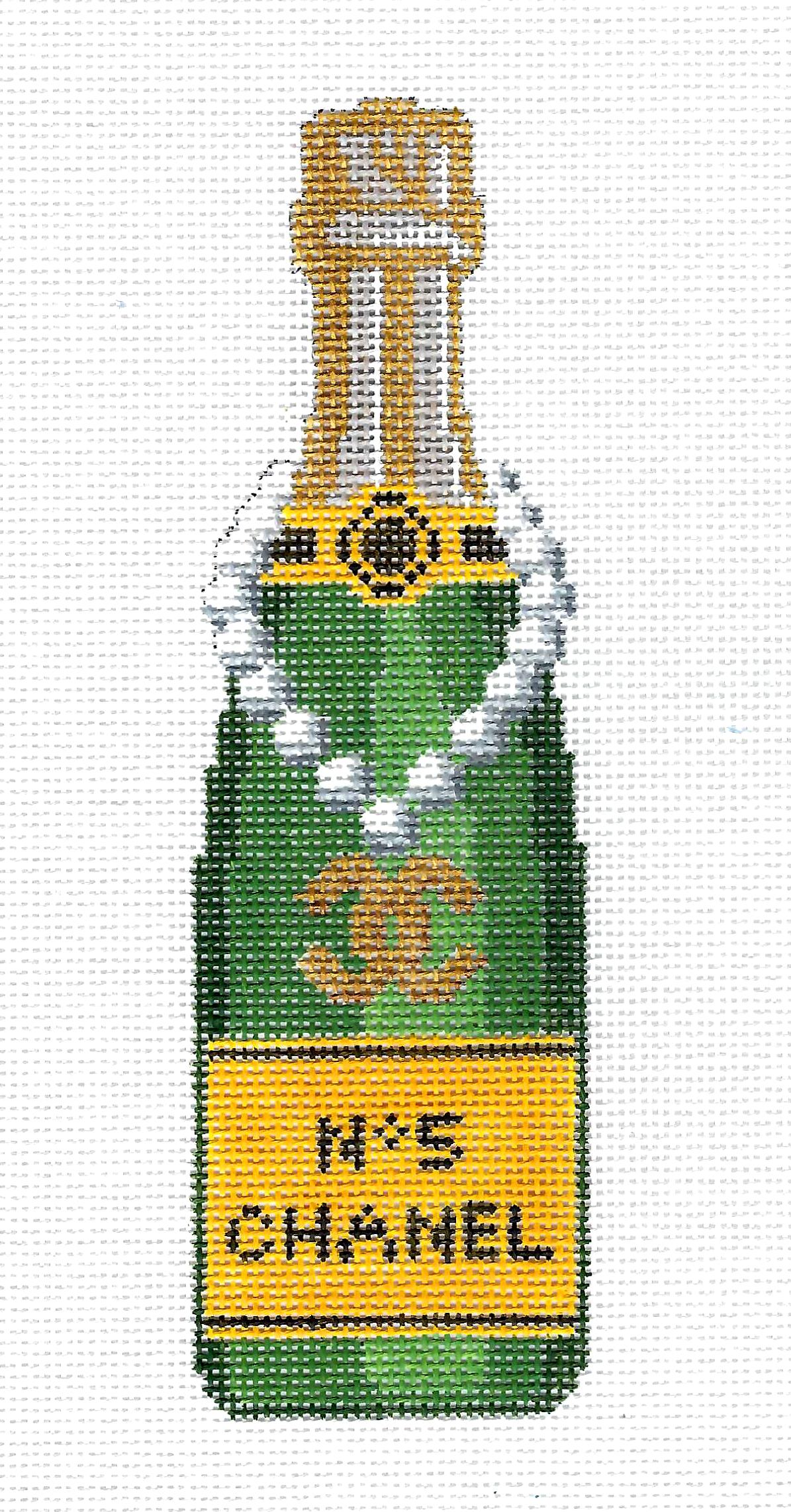 "Veuve" Single Champagne Bottle in  CHANEL No. 5  Design handpainted 18 Mesh Needlepoint Canvas by C'ate La Vie