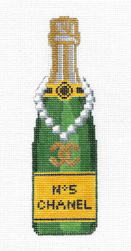 "Veuve" Single Champagne Bottle in  CHANEL No. 5  Design handpainted 18 Mesh Needlepoint Canvas by C'ate La Vie