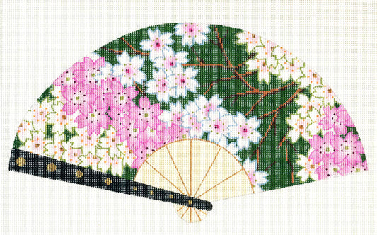 Oriental Fan ~ Elegant Cherry Blossoms FAN Japanese handpainted on Deep Green Needlepoint Canvas by LEE