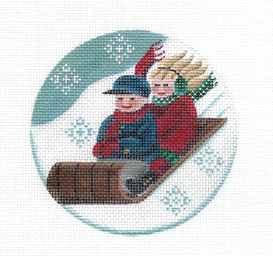 4" Round ~ Children Sledding Ornament handpainted 18 Mesh Needlepoint Canvas by Rebecca Wood