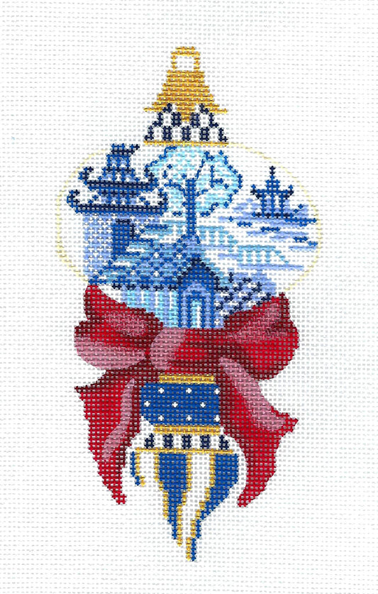 Oriental China Blue Double Onion 6.25" Tall Ornament handpainted 18 Mesh Needlepoint Canvas by Kelly Clark