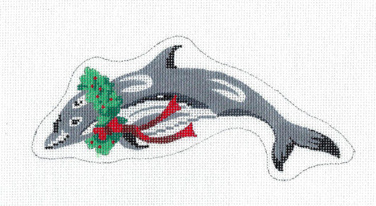 Christmas ~ Dolphin Wearing a Christmas Wreath Ornament 18 Mesh handpainted Needlepoint Canvas by MM Designs