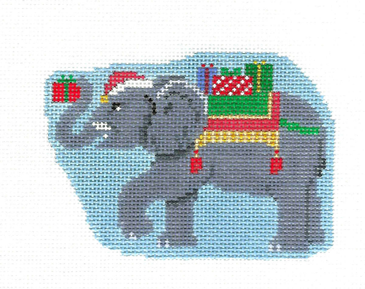Christmas Elephant in a Santa Hat with Gifts handpainted 18 Mesh Needlepoint Canvas by Susan Roberts