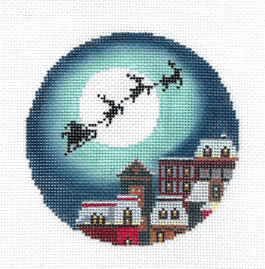 Christmas Eve Over the Town handpainted 4" Round Needlepoint Ornament Canvas by Abigail Cecile from PLD