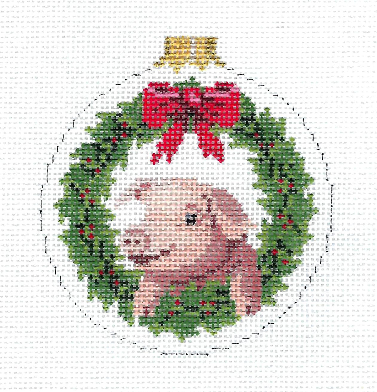 Piggy in a Christmas Wreath Ornament 18 Mesh handpainted  Needlepoint Ornament Canvas by Susan Roberts