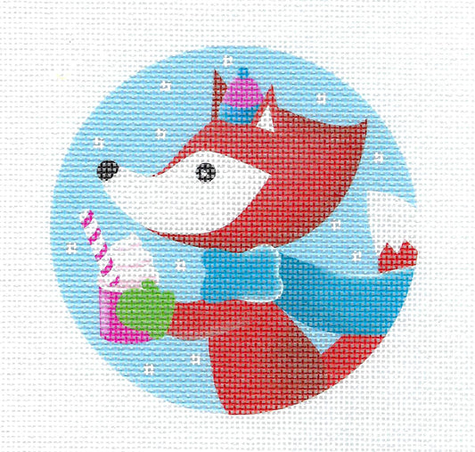 Round ~ "Coco" the Red Fox Holding a Cup of Cocoa 4" Round 18 Mesh Hand Painted Needlepoint Ornament by Pepperberry