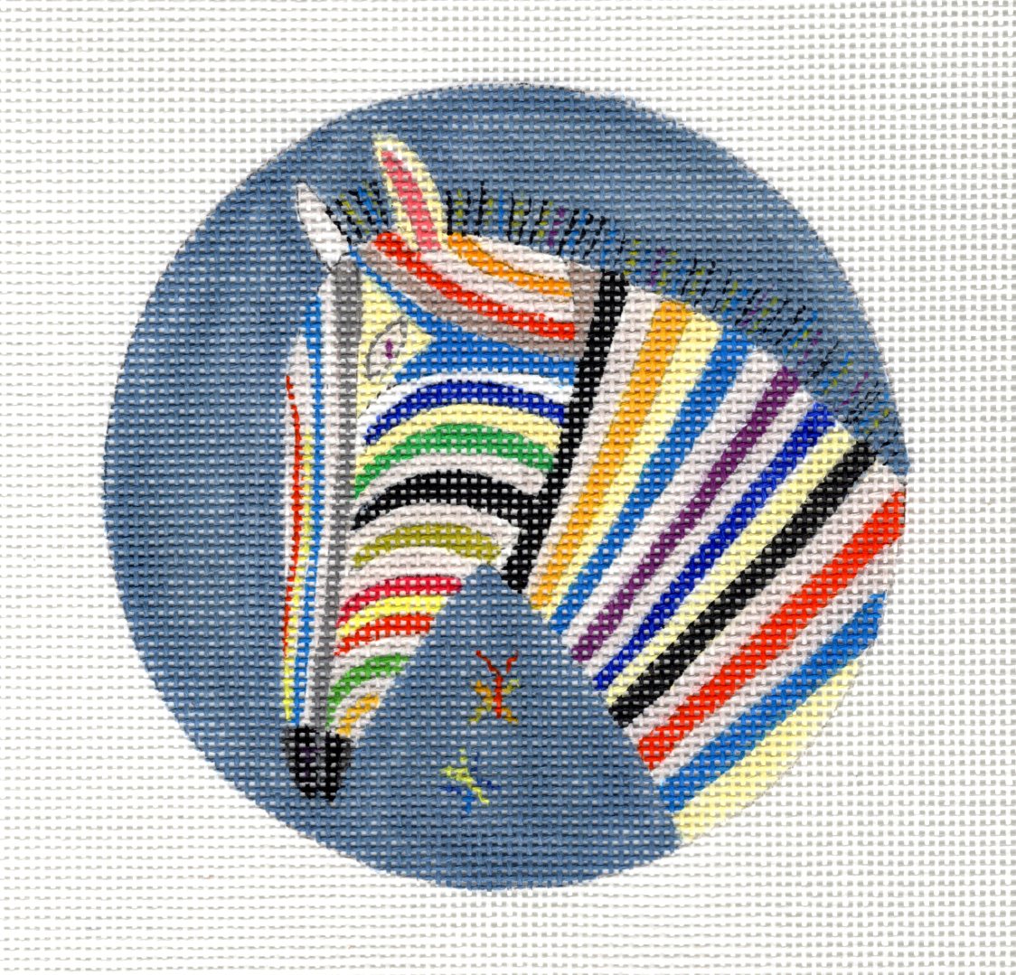 Rainbow Zebra 4.5" Rd. 18 mesh handpainted Needlepoint Ornament Canvas by M. Mikecz from PLD