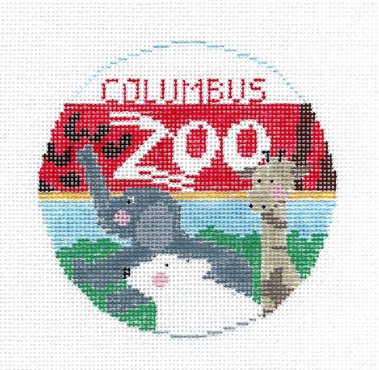 Travel Round ~ Columbus, Ohio Zoo handpainted 18 Mesh 4" Round Needlepoint Canvas by Kathy Schenkel