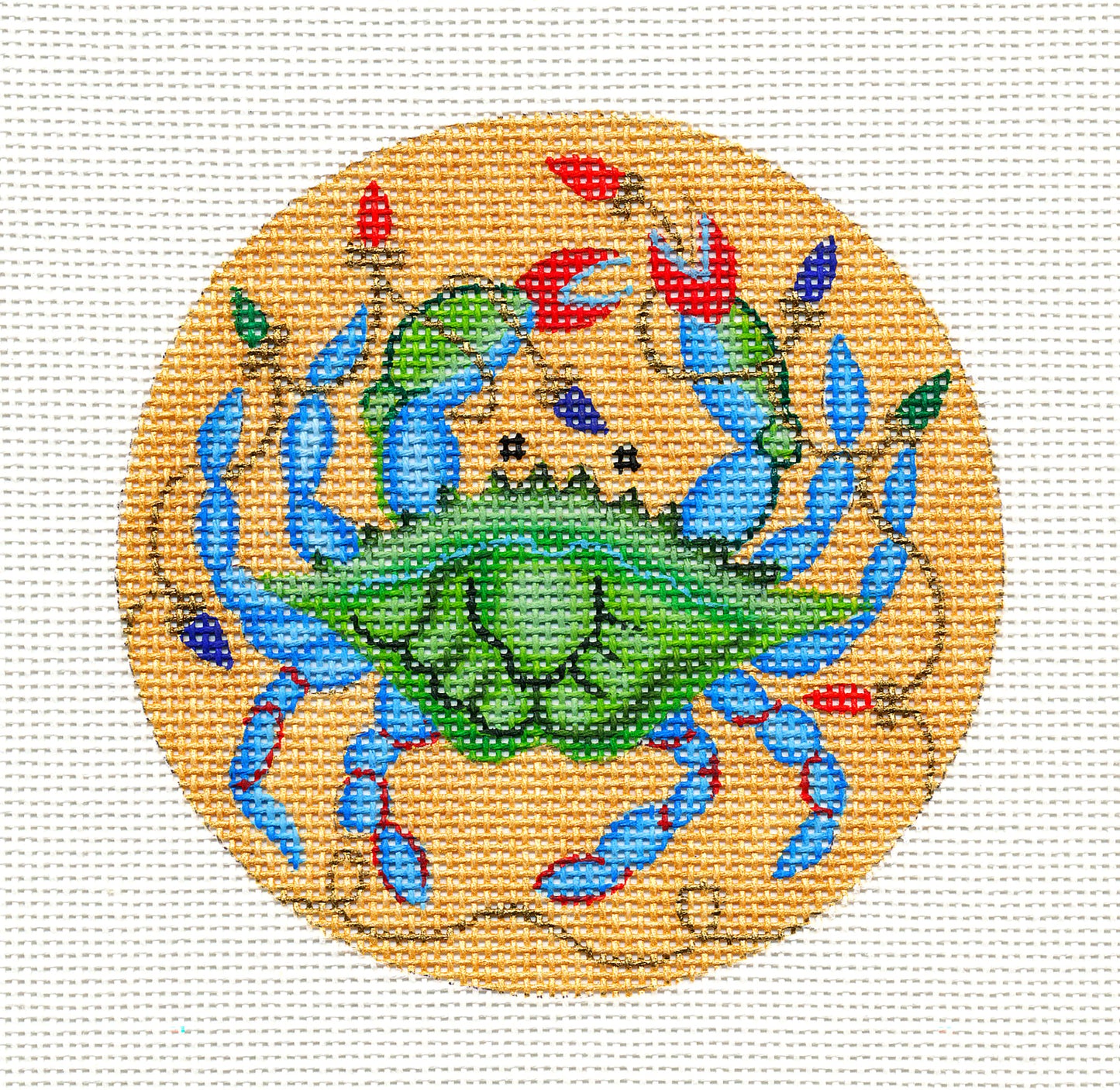 Christmas Crab Round ~ Christmas Blue Crab with Lights 4" handpainted Needlepoint Canvas by Amanda Lawford