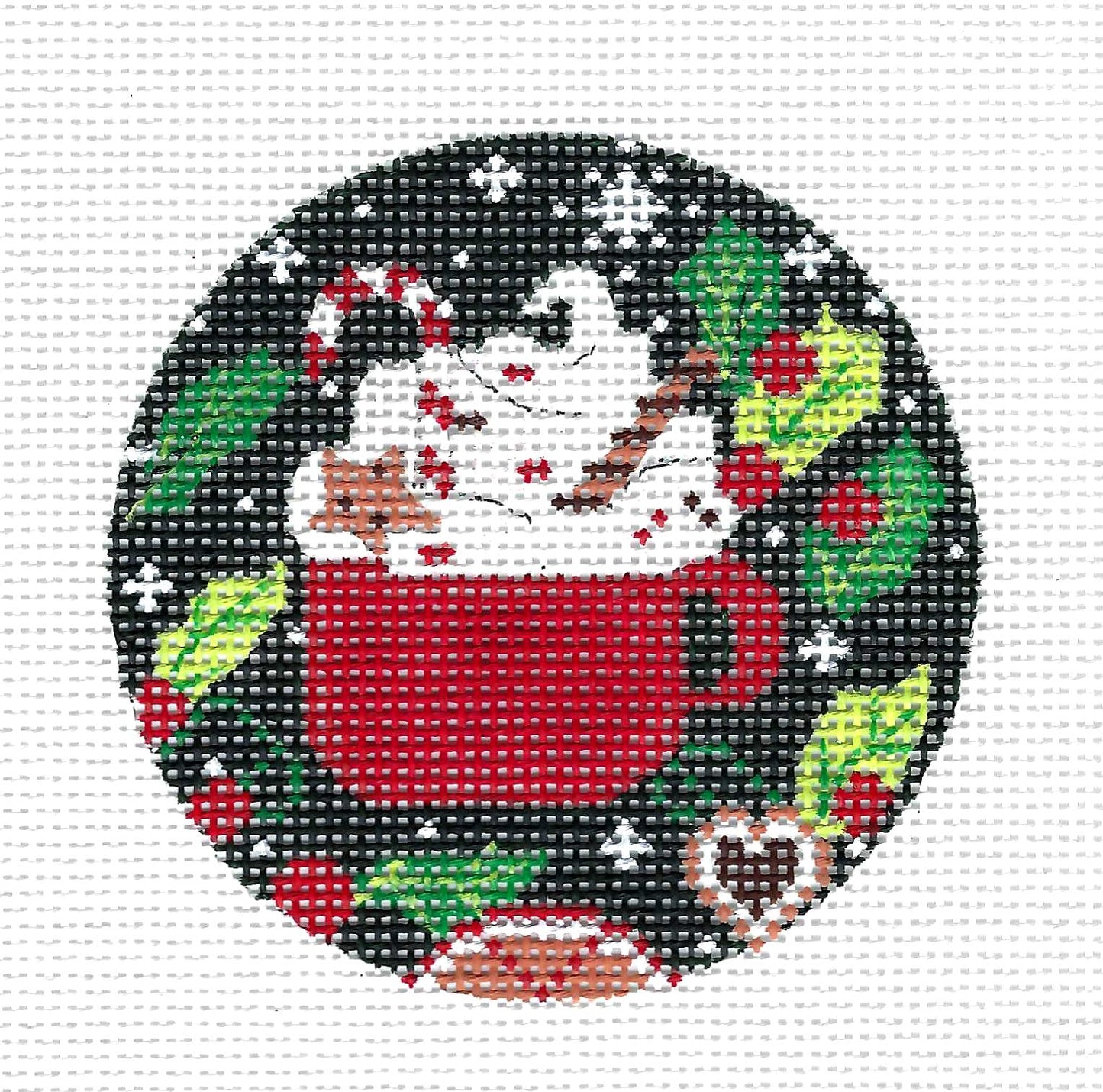 4" Rd. ~ Cup of Cocoa with Christmas Holly & Candy 13 Mesh Ornament handpainted Needlepoint Canvas by Alice Peterson