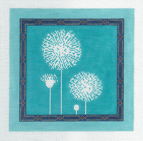 Floral Canvas ~ Contemp. Dandelions on a Blue handpainted 7" SQ.  Needlepoint Canvas by LEE