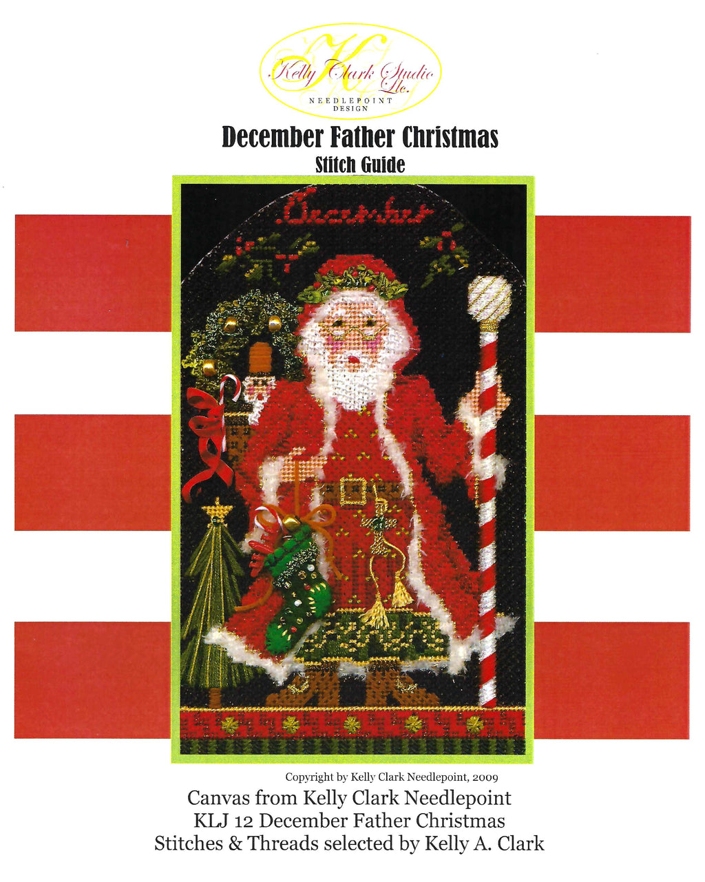 CHRISTMAS ~ December Father Christmas & STITCH GUIDE SET handpainted 18 Mesh Needlepoint Canvas by Kelly Clark