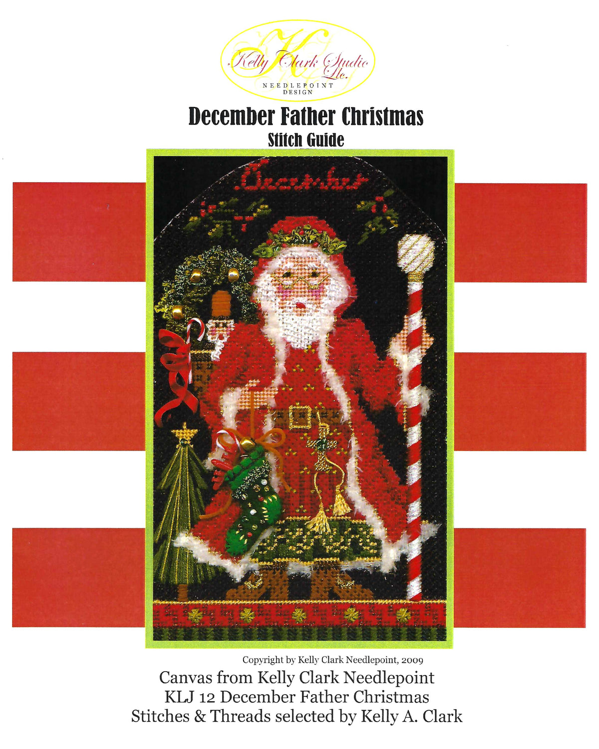 CHRISTMAS ~ December Father Christmas & STITCH GUIDE SET handpainted 18 Mesh Needlepoint Canvas by Kelly Clark