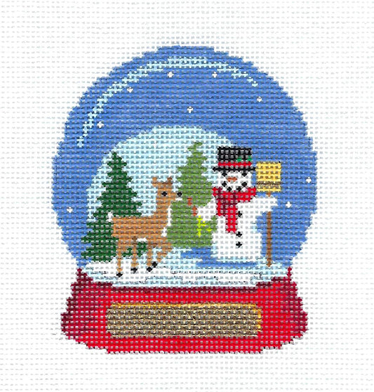Christmas ~ Deer & Snowman handpainted SNOW GLOBE 18 Mesh Needlepoint Ornament  Canvas by Susan Roberts