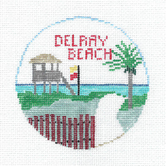 Travel Round ~ DELRAY BEACH, FLORIDA  4" Round handpainted 18 mesh Needlepoint Ornament by Kathy Schenkel