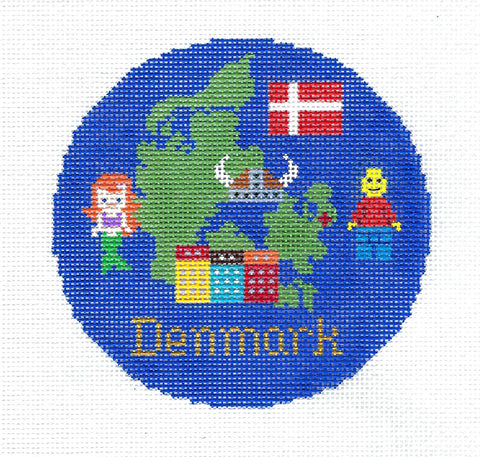 Travel Round ~ Country of DENMARK handpainted 4.25" Round Needlepoint Canvas by Silver Needle