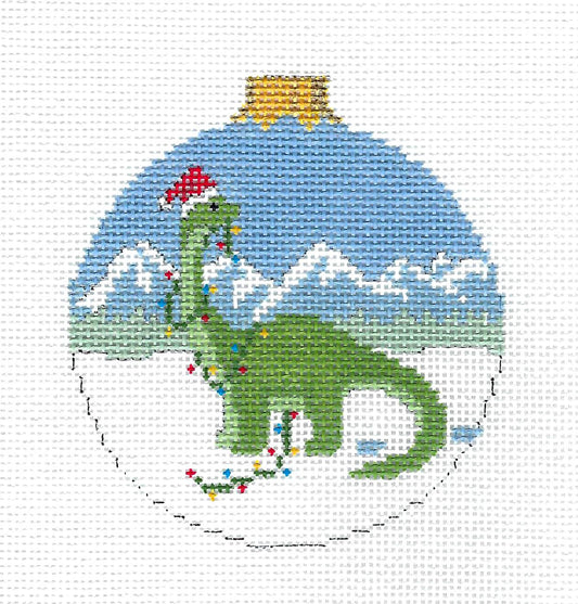 Dinosaur in a Santa Hat w/ Christmas Lights Children's Ornament handpainted 18 Mesh Needlepoint Canvas by Susan Roberts