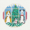 Dog Round ~ 2 Dogs & 1 Cat and Christmas Tree 3" Rd. Ornament 13 mesh handpainted Needlepoint Canvas by Needle Crossings