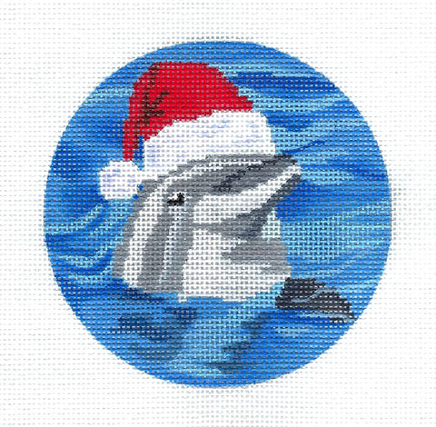 Dolphin in a Santa Hat 4" Round Ornament handpainted Needlepoint Canvas by Scott Church