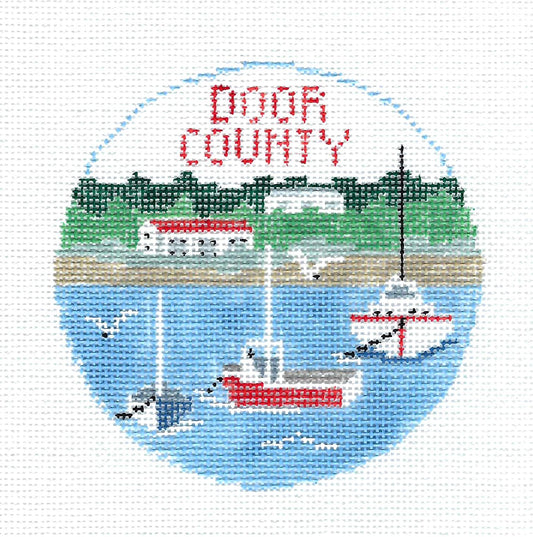 Travel Round ~ DOOR COUNTY, WISCONSIN 4" Rd. Ornament 18 mesh handpainted Needlepoint Canvas Kathy Schenkel