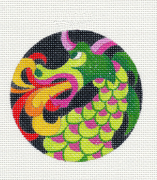 Fire Breathing Green DRAGON  handpainted 18 Mesh 4" Rd. Needlepoint Ornament Canvas by Raymond Crawford