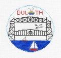 Travel Round ~ DULUTH, MINNESOTA 18 Mesh handpainted 4" Rd. Needlepoint Ornament Canvas by Kathy Schenkel