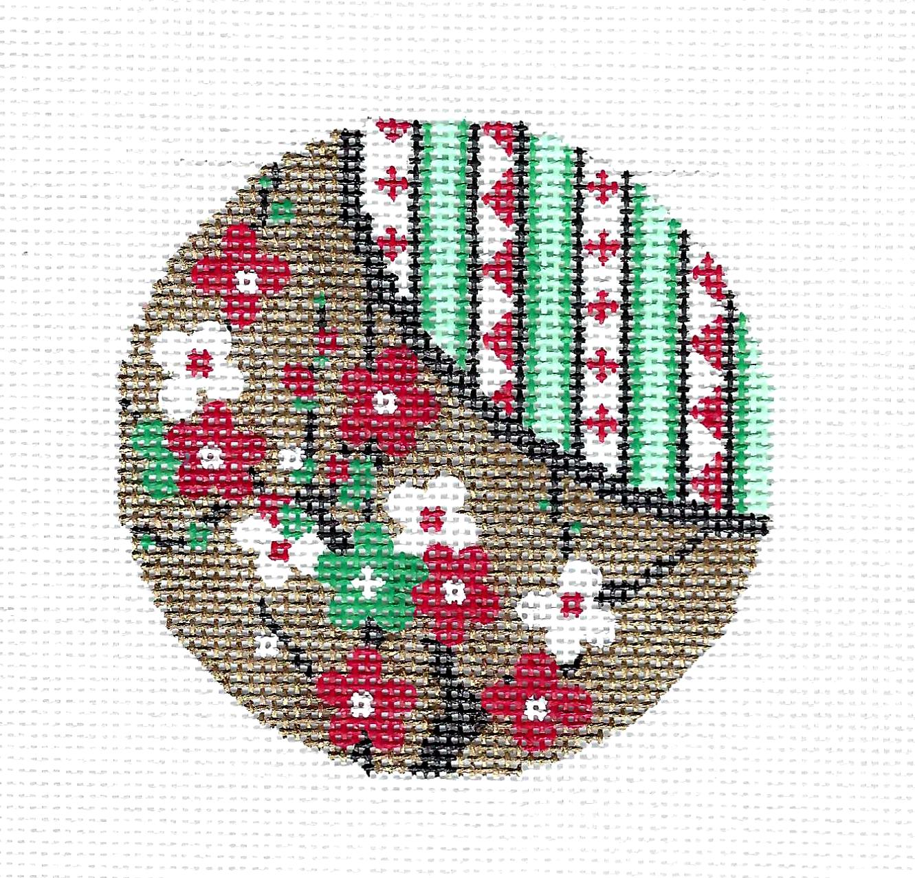 3" Round ~ *EXCLUSIVE* Florals on Metallic Gold w/ Stripes handpainted 3" 18 Mesh Needlepoint Canvas by LEE