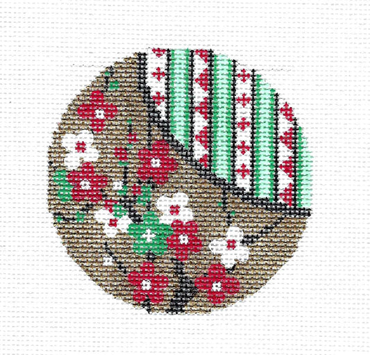 3" Round ~ *EXCLUSIVE* Florals on Metallic Gold w/ Stripes handpainted 3" 18 Mesh Needlepoint Canvas by LEE