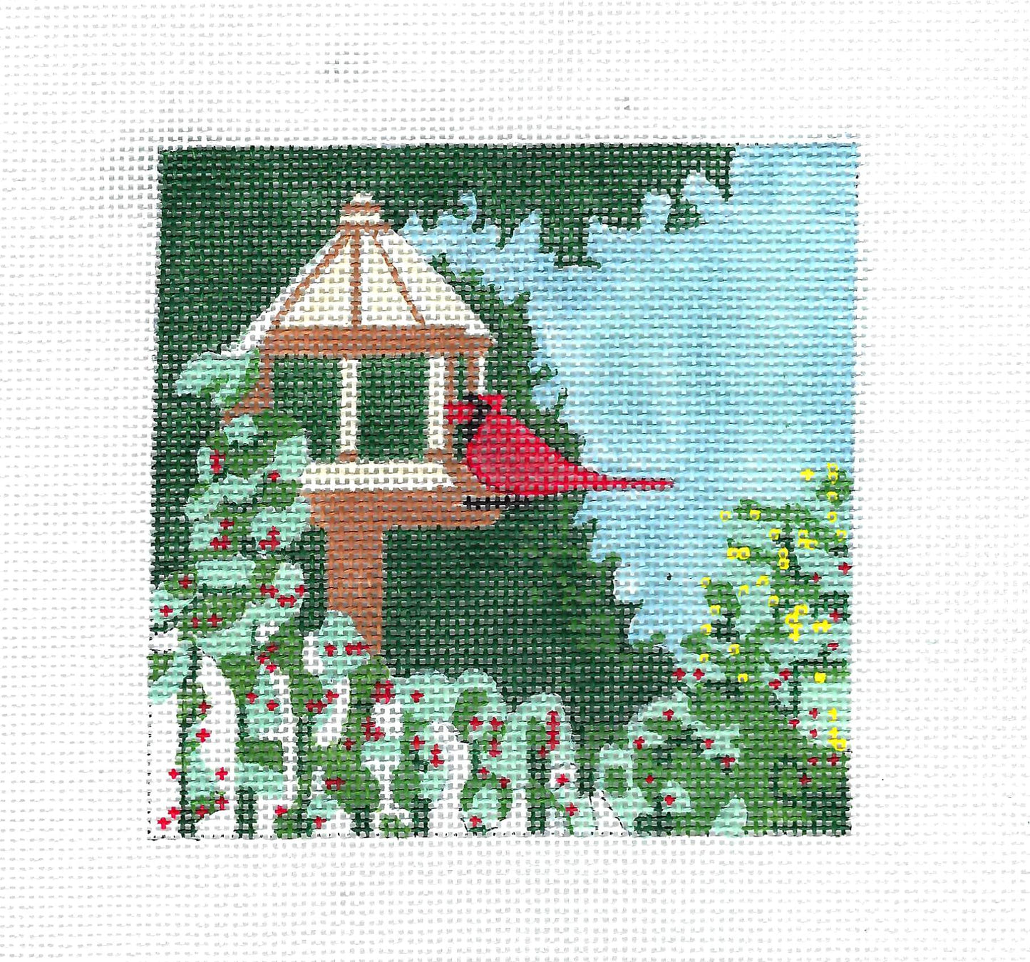 Coaster ~ Feeding Cardinals at the Feeder 4" Square handpainted Needlepoint Canvas by Gail Lang from Danji