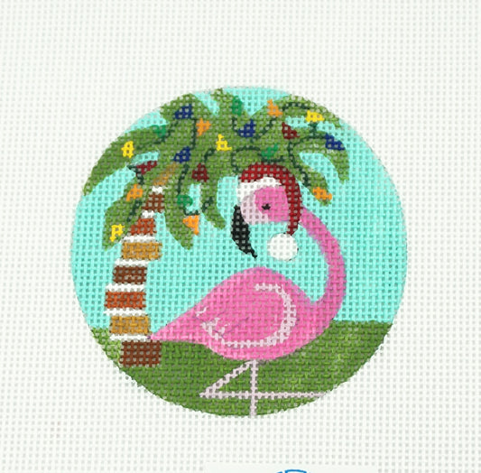 Round ~ Flamingo With Decorated Palm Tree 3" Ornament on 18 mesh handpainted Needlepoint Canvas by JulieMar