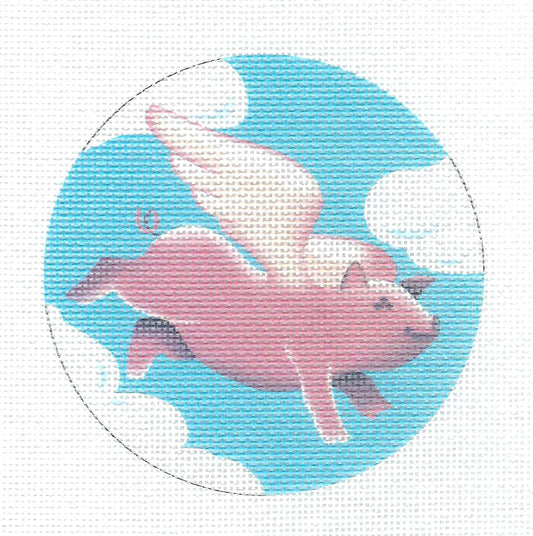 Round ~ When Pigs Fly ... Flying Pig in the Clouds 4" Rd. 18 Mesh handpainted Needlepoint Canvas 4" Rd by Pepperberry Designs