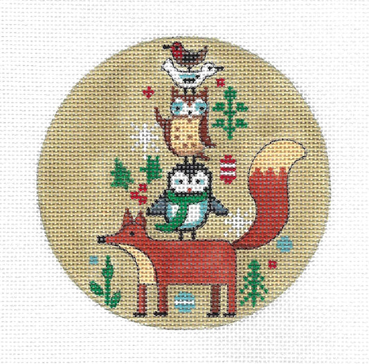 4" Round ~ Fox & Birds Stacked Friends 18 Mesh Ornament handpainted Needlepoint Canvas by Alice Peterson