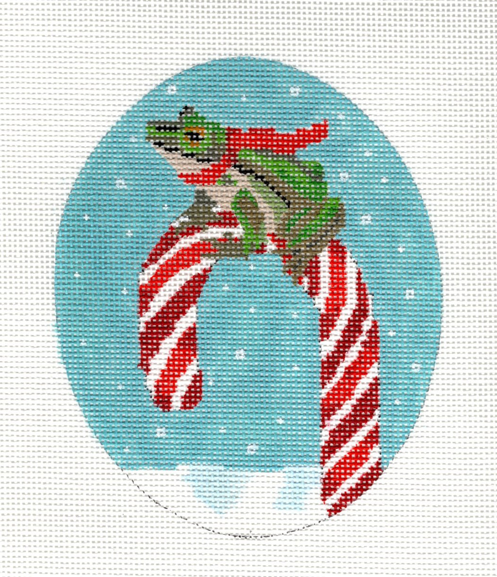 Christmas Canvas ~ Frog on a Candy Cane 5" Oval handpainted Needlepoint Ornament Canvas by Scott Church