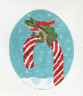 Christmas Canvas ~ Frog on a Candy Cane 5" Oval handpainted Needlepoint Ornament Canvas by Scott Church