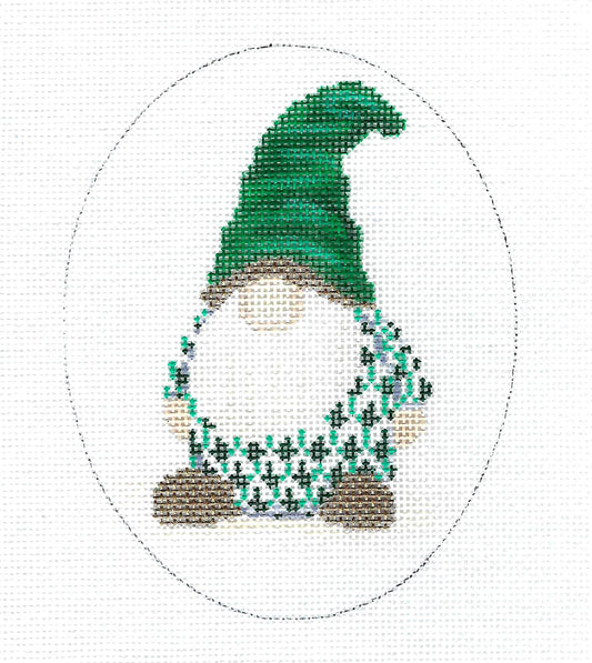 GNOME ~ Green , Gold, & White GNOME handpainted Needlepoint Ornament Canvas by Edie & Ginger